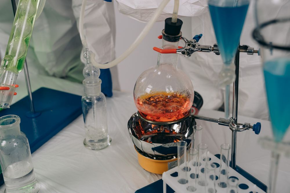 Laboratory glassware with chemical solutions