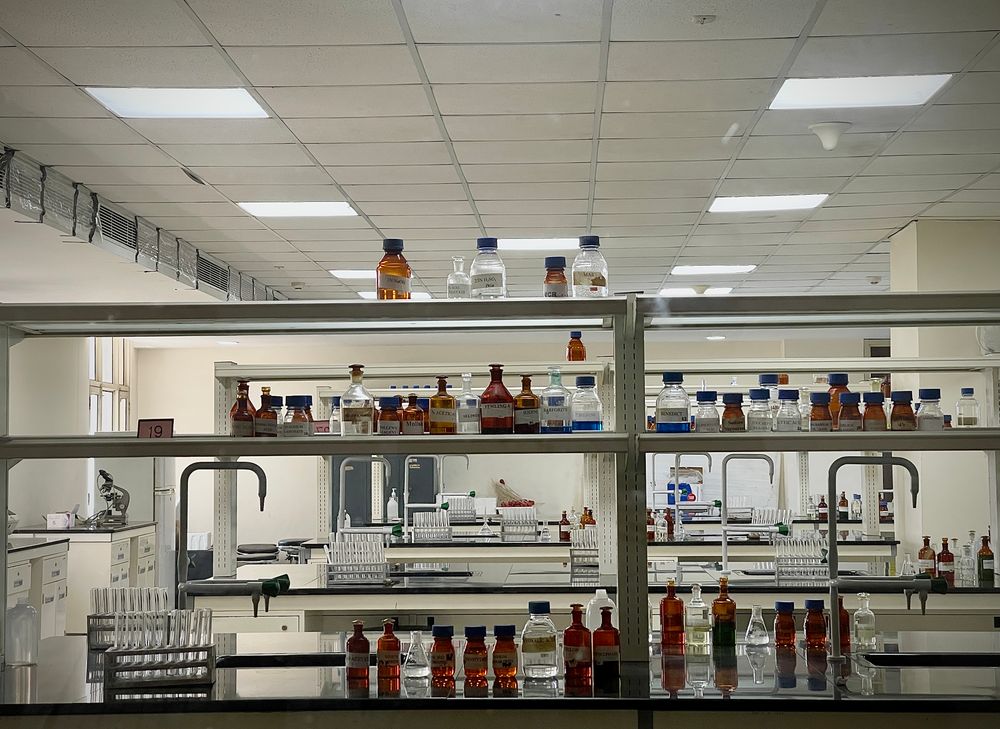 Laboratory shelving with chemical bottles
