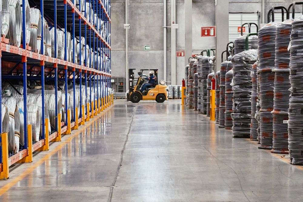 Warehouse aisle with stocked shelving